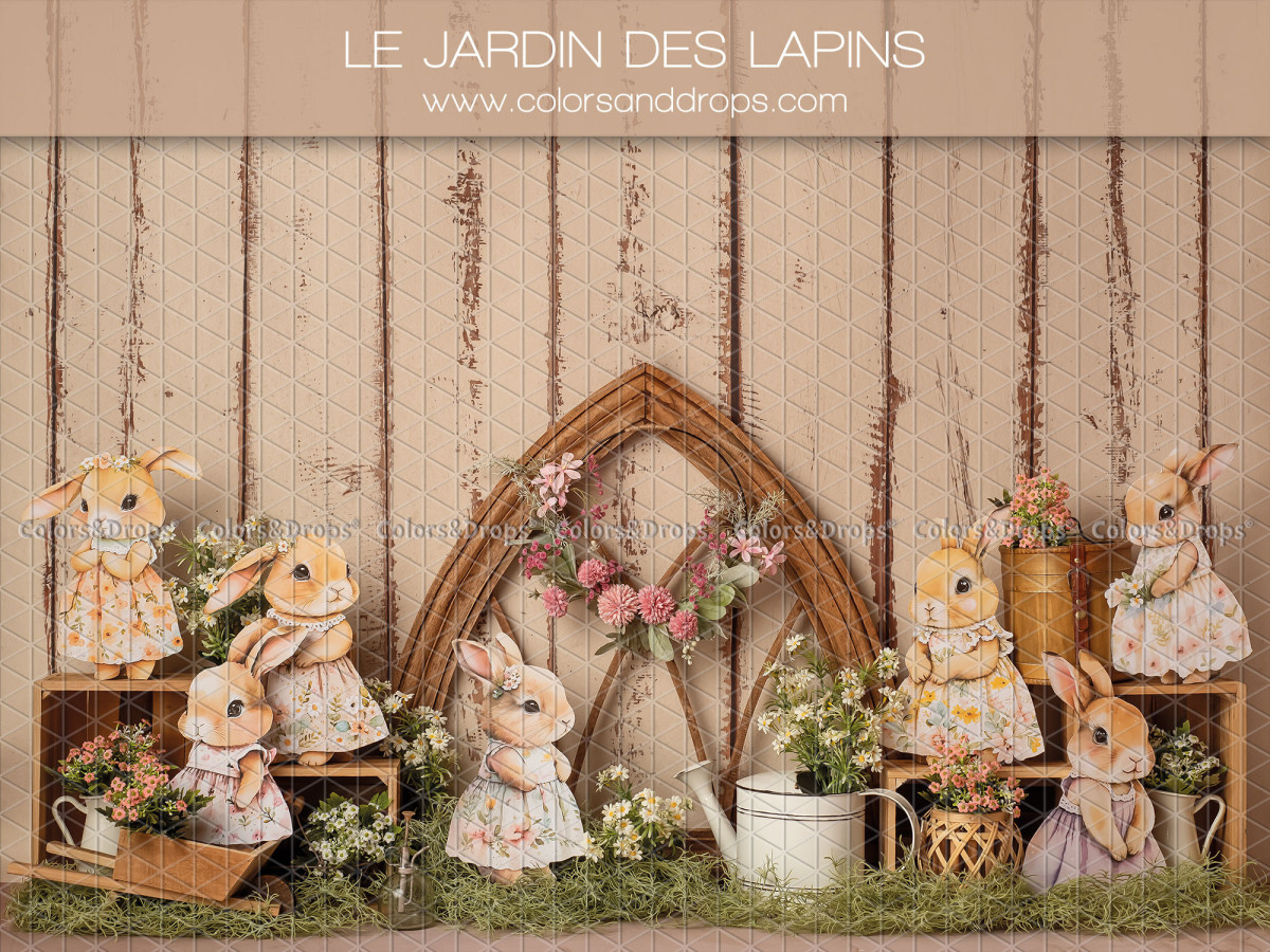 Fondo fotográfico de bebé y smash cake Le Jardin des Lapins – conejos jardineros con arco gótico sobre pared de | Colors&Drops