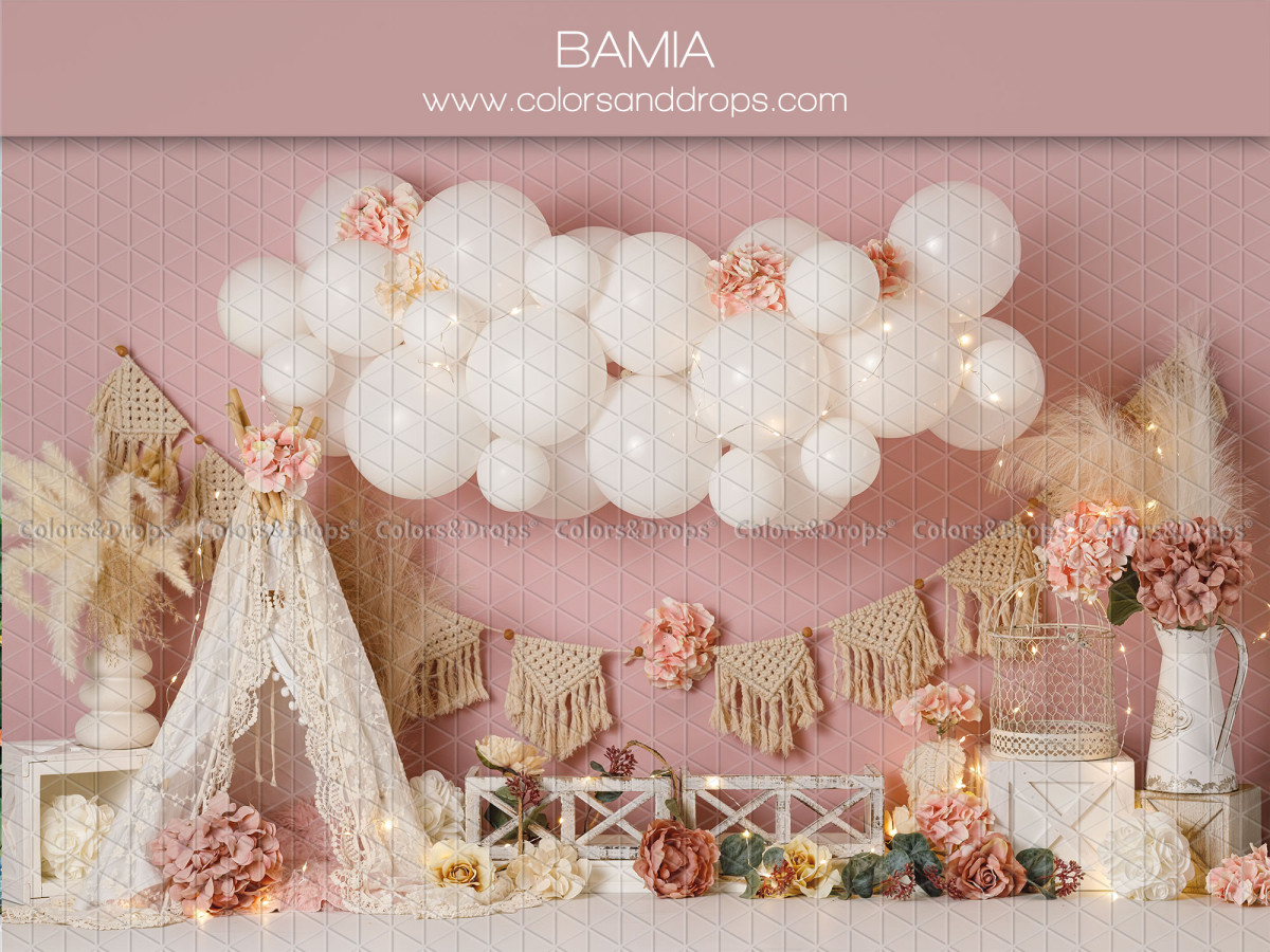 Fond photo bébé et smash cake Bamia – tipi et nuage de ballons blancs sur fond rose | Colors&Drops