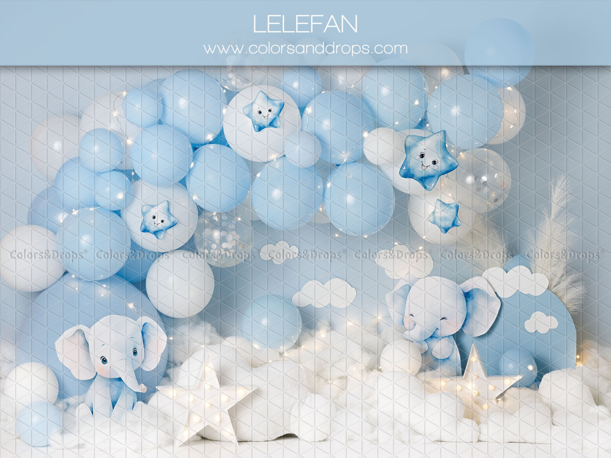 Fond photo bébé et smash cake Lelefan – éléphanteaux avec ballons bleus et nuages | Colors&Drops