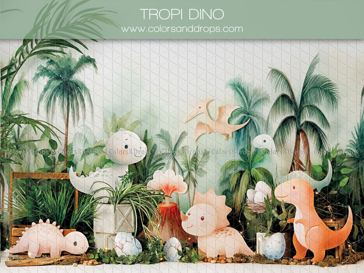 Fond photo bébé et smash cake Tropi Dino – dinosaures dans une jungle tropicale | Colors&Drops