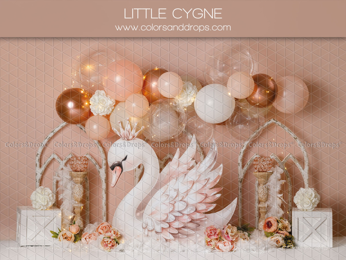 Fondo fotográfico de bebé y smash cake Little Cygne – cisne blanco con globos melocotón y arcos | Colors&Drops