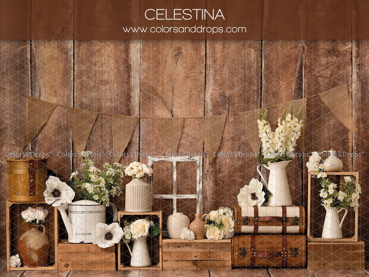 Fondo fotográfico de bebé y smash cake Celestina – pared de madera con cajas, flores blancas y ventana | Colors&Drops