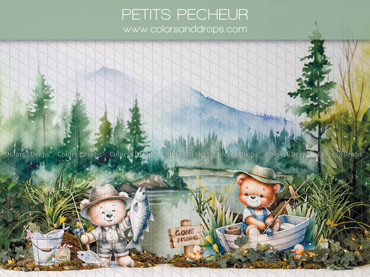 Fondo fotográfico de bebé y smash cake Petits Pecheurs – ositos pescadores junto a un lago de montaña | Colors&Drops