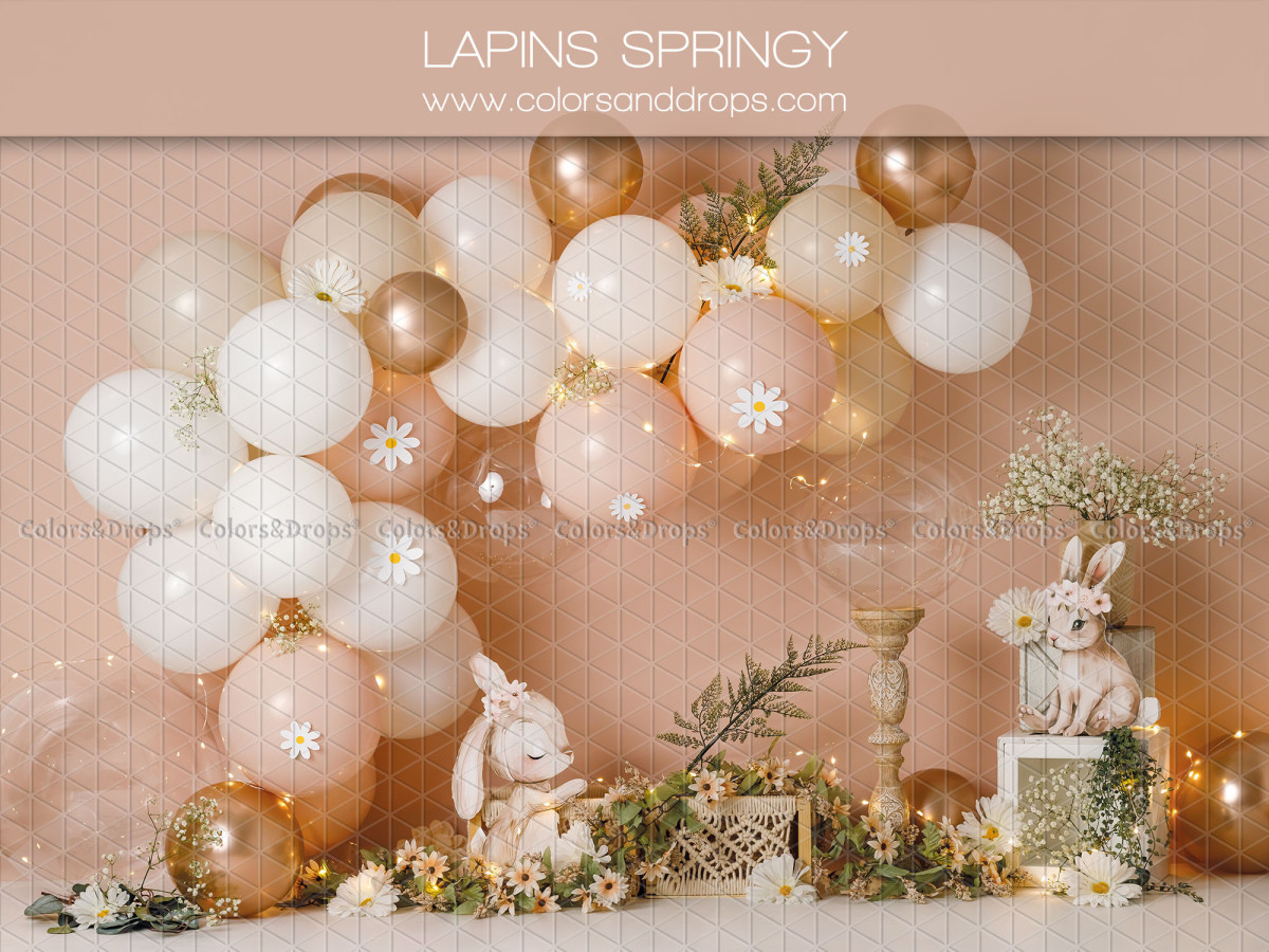 Fond photo bébé et smash cake Lapins Springy – ballons pêche et dorés avec lapins | Colors&Drops