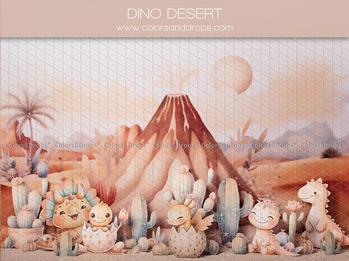 Fondo fotográfico de bebé y smash cake Dino Desert – bebés dinosaurios en el desierto con volcán | Colors&Drops