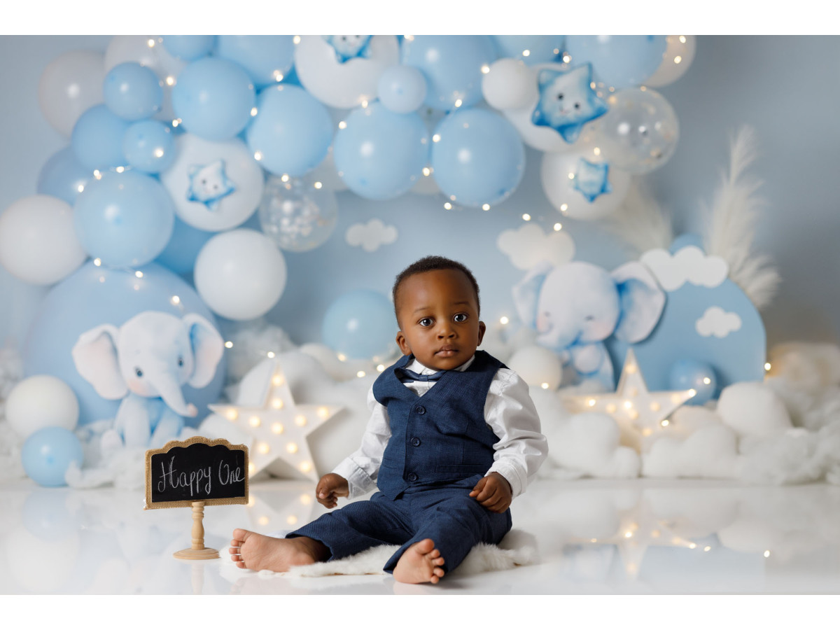 Fond photo bébé et smash cake Lelefan – éléphanteaux avec ballons bleus et nuages | Colors&Drops