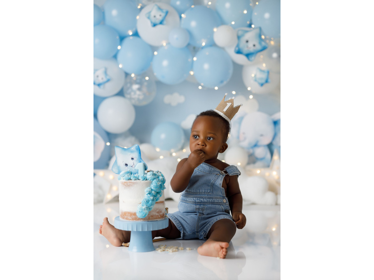 Fond photo bébé et smash cake Lelefan – éléphanteaux avec ballons bleus et nuages | Colors&Drops