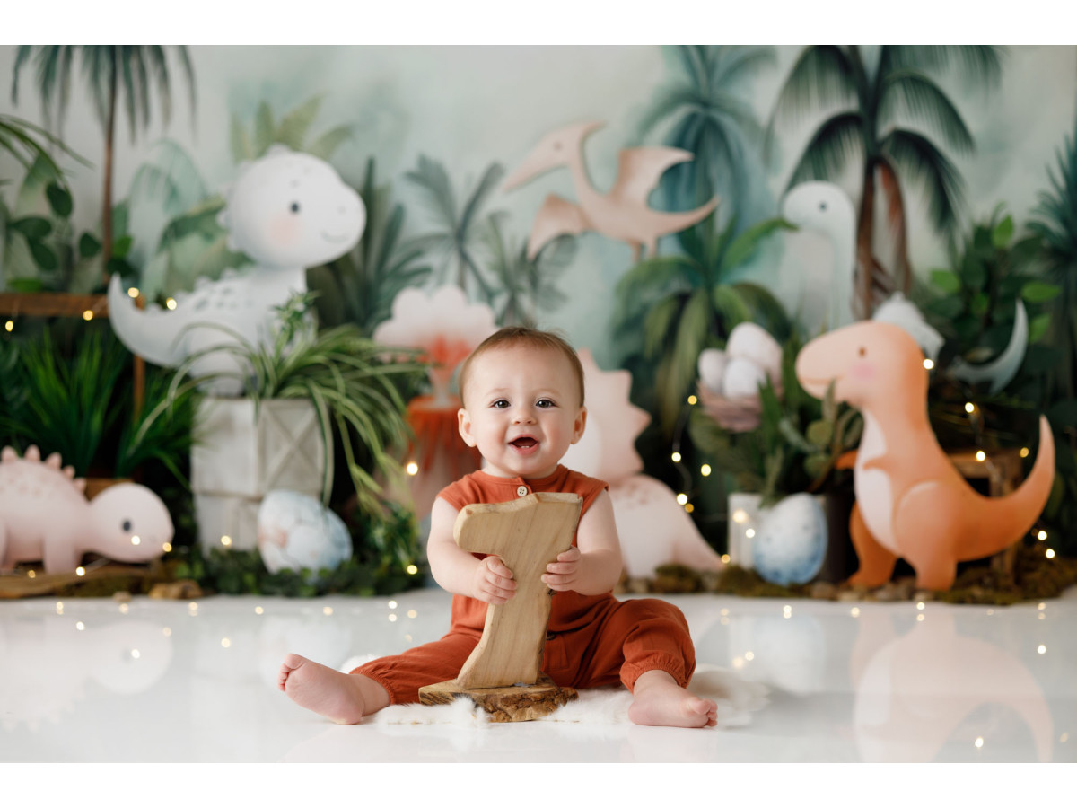 Fond photo bébé et smash cake Tropi Dino – dinosaures dans une jungle tropicale | Colors&Drops