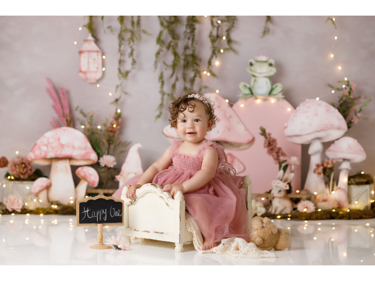 Baby & cake smash photo backdrop Enchantee – pink mushrooms in a forest with vines and frog | Colors&Drops