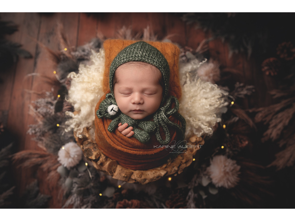 Newborn photo backdrop Pin – fur nest with pine cone wreath | Colors&Drops