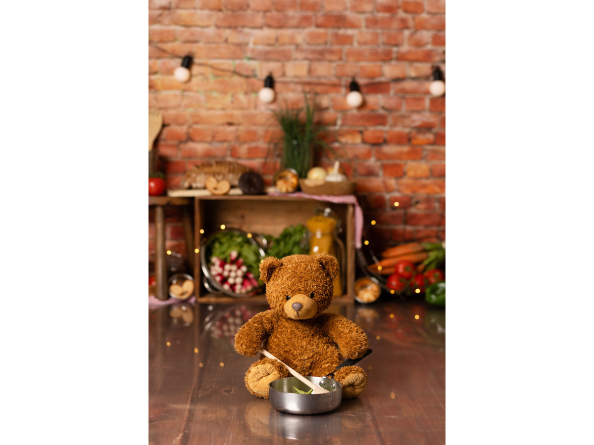 Fond photo bébé et smash cake Chef Cuistot – cuisine sur mur en brique avec guirlande lumineuse | Colors&Drops
