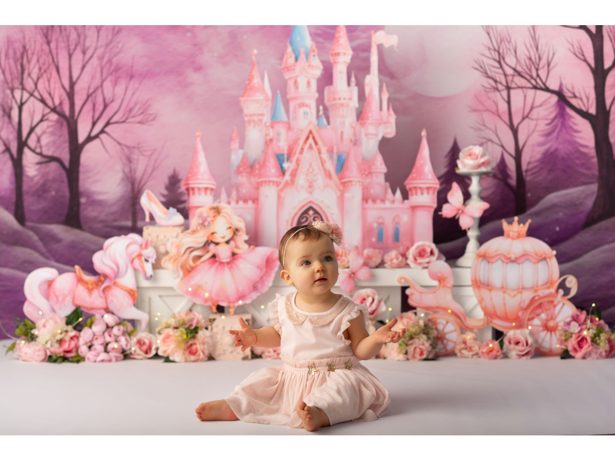 Fondo fotográfico de bebé y smash cake La Princesse – castillo de princesa rosa con carroza | Colors&Drops