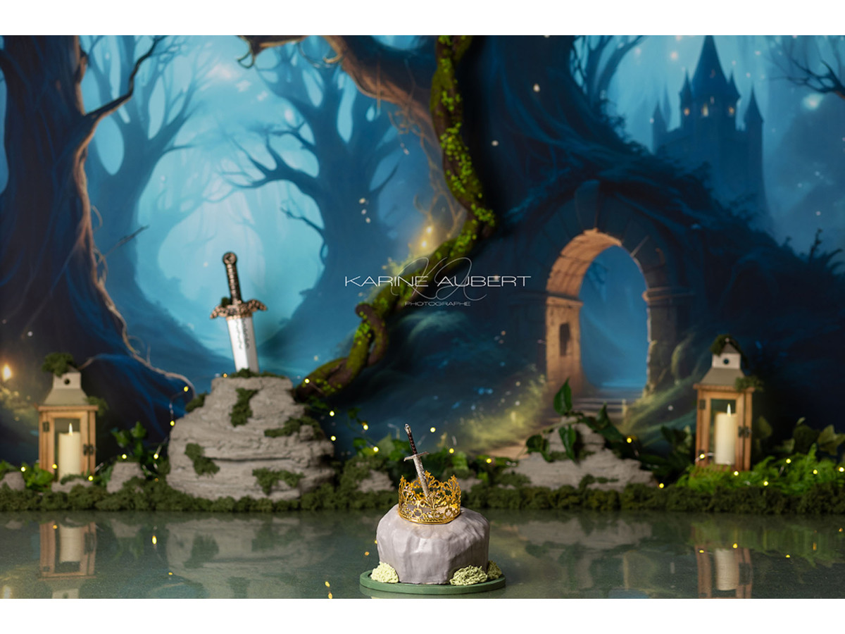 Fond photo bébé et smash cake Excalibur – forêt enchantée avec épée dans la pierre et château | Colors&Drops