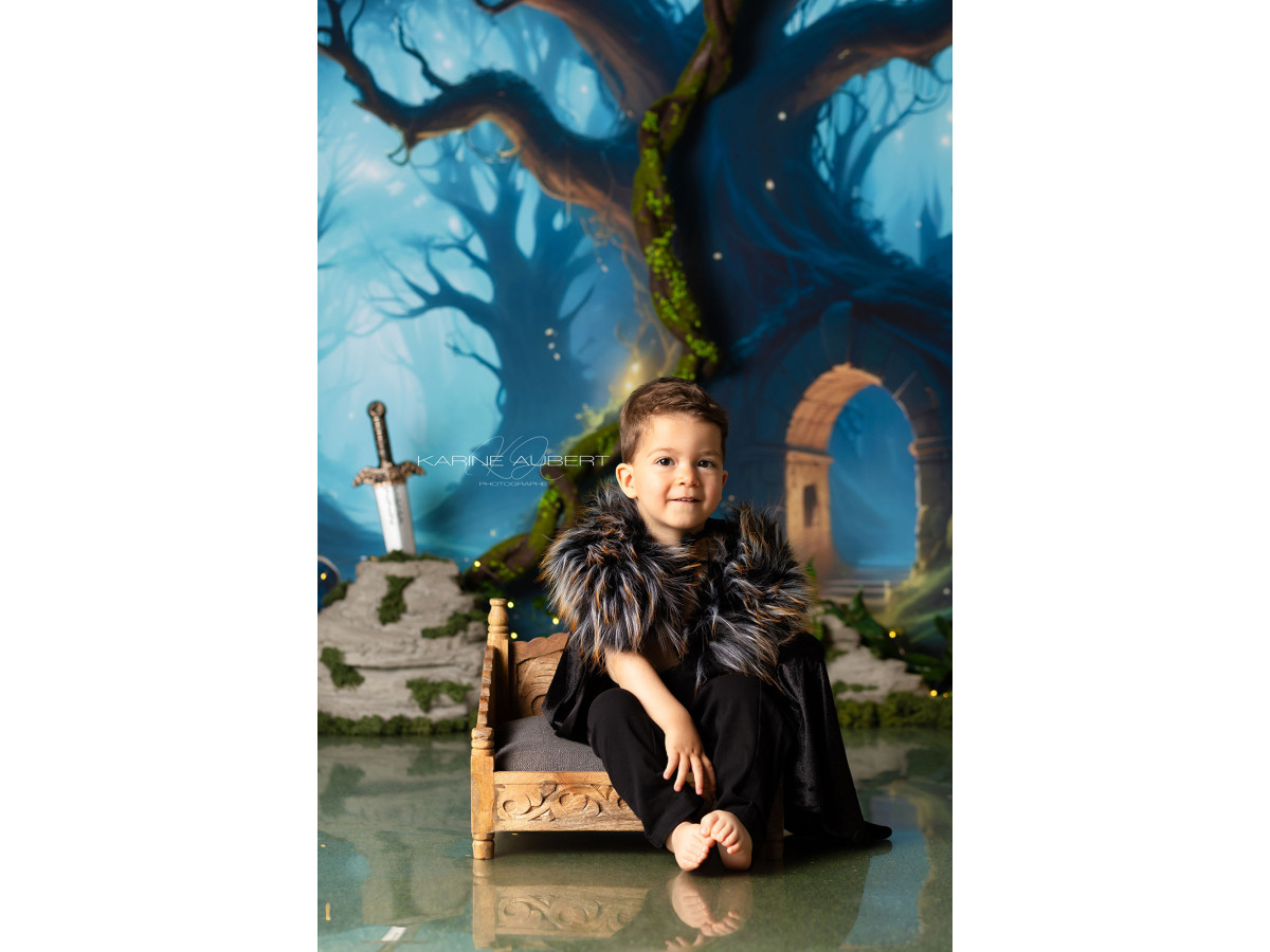 Fond photo bébé et smash cake Excalibur – forêt enchantée avec épée dans la pierre et château | Colors&Drops