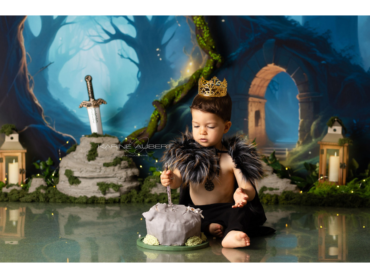 Fond photo bébé et smash cake Excalibur – forêt enchantée avec épée dans la pierre et château | Colors&Drops
