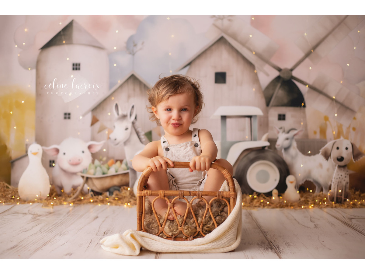Fondo fotográfico de bebé y smash cake Les Animaux du Moulin – granja con molino, tractor y animales | Colors&Drops