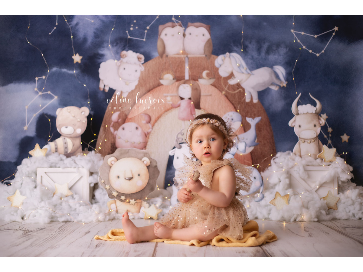 Fondo fotográfico de bebé y smash cake Astro – animales del zodiaco sobre nubes frente a un arco | Colors&Drops