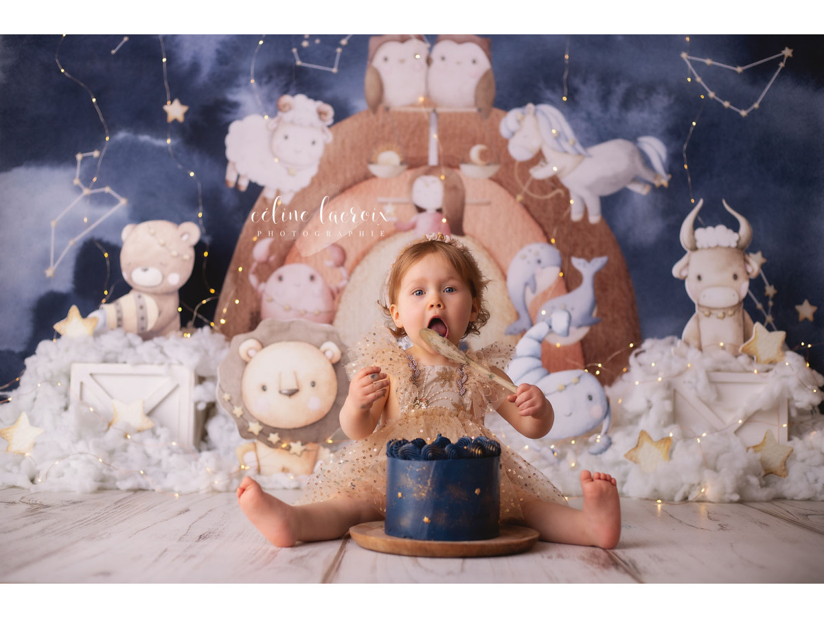 Fondo fotográfico de bebé y smash cake Astro – animales del zodiaco sobre nubes frente a un arco | Colors&Drops