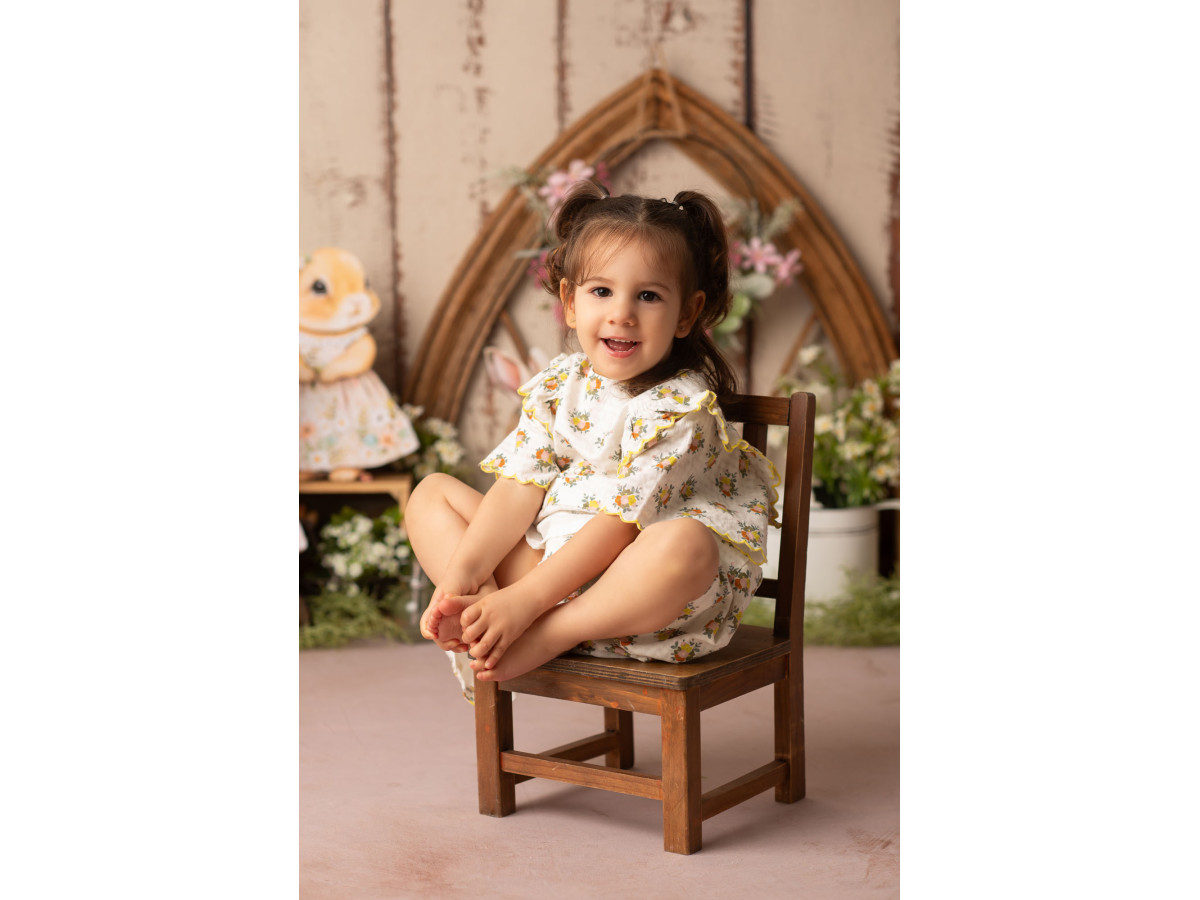 Fond photo bébé et smash cake Le Jardin des Lapins – lapins jardiniers avec arche gothique sur mur en bois | Colors&Drops