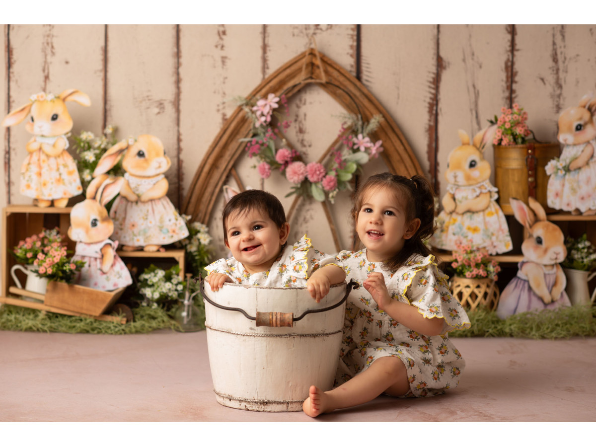 Fond photo bébé et smash cake Le Jardin des Lapins – lapins jardiniers avec arche gothique sur mur en bois | Colors&Drops