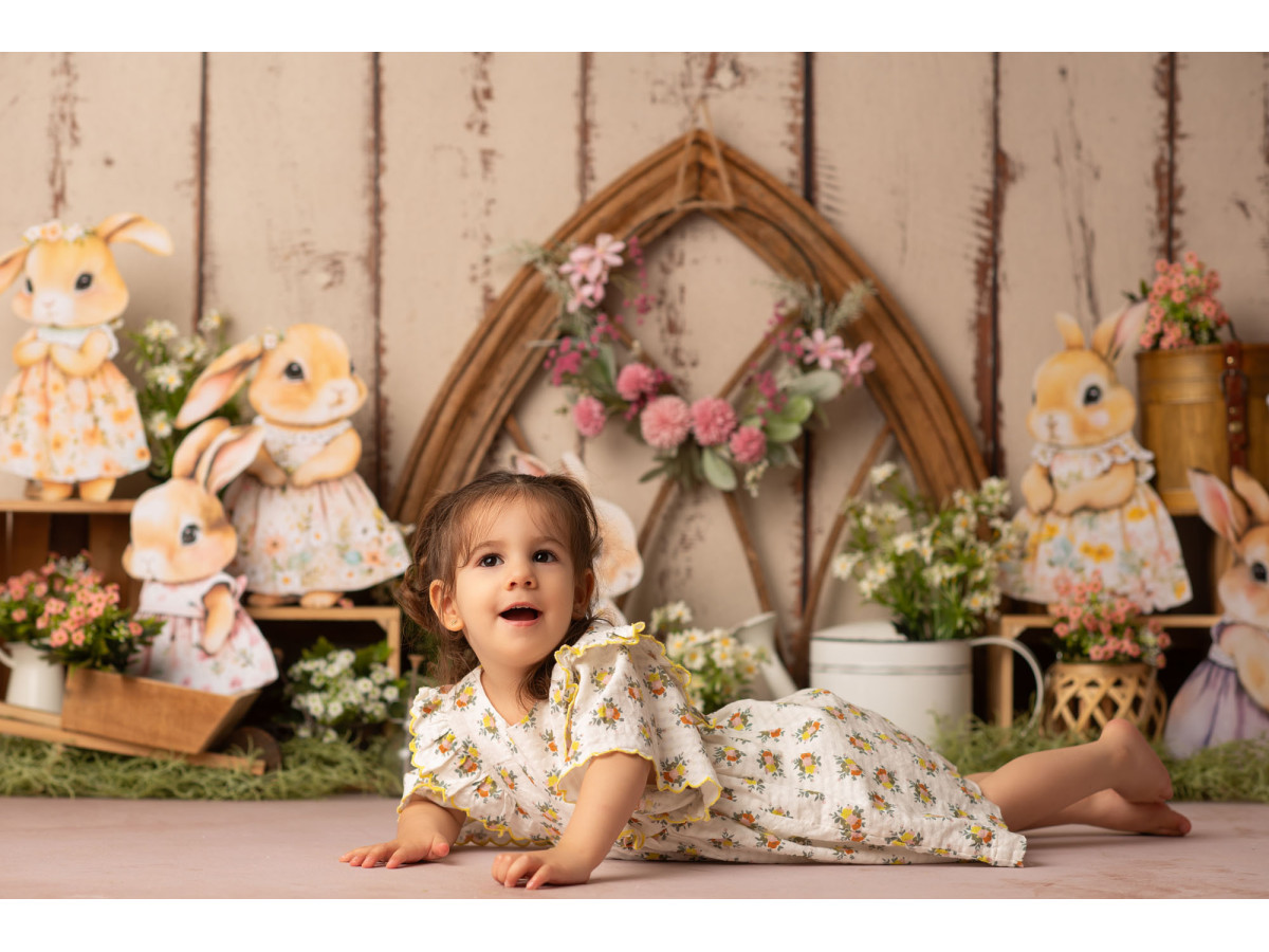 Fond photo bébé et smash cake Le Jardin des Lapins – lapins jardiniers avec arche gothique sur mur en bois | Colors&Drops