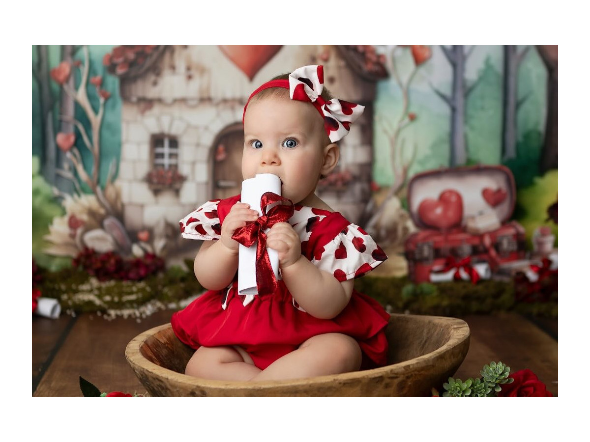 Fondo fotográfico de bebé y smash cake Love in Forest – casita con corazón en un bosque con animales | Colors&Drops