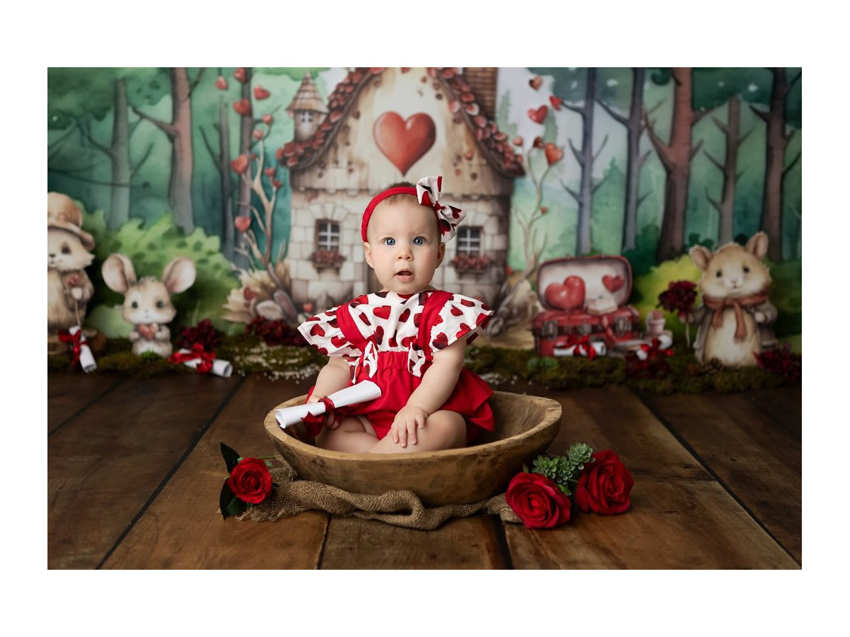 Fond photo bébé et smash cake Love in Forest – maisonnette au cœur dans une forêt avec animaux | Colors&Drops