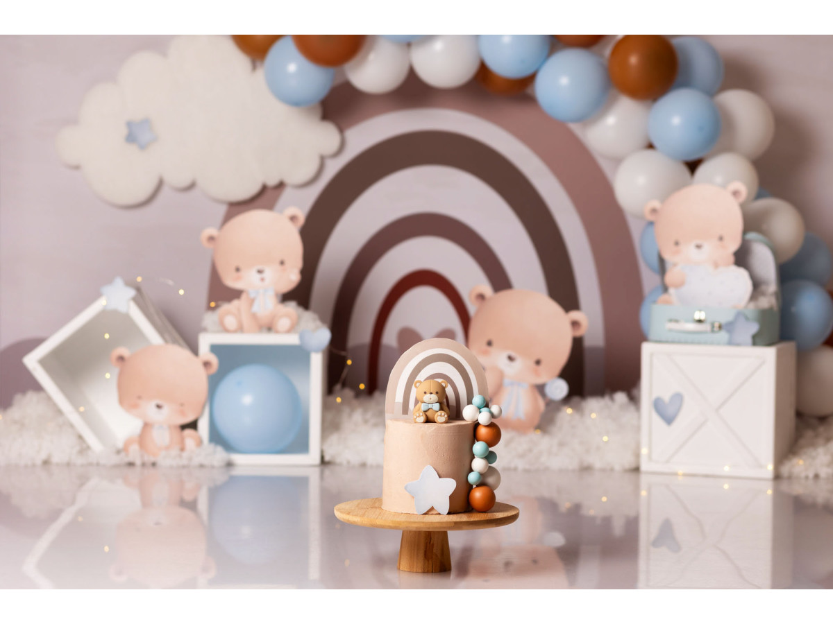 Fond photo bébé et smash cake Baby Cloud – arc-en-ciel bohème avec ballons et oursons | Colors&Drops