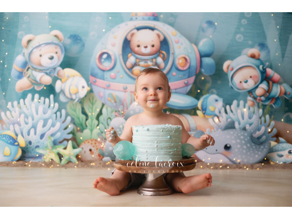 Fond photo bébé et smash cake Explora Sea – sous-marin avec oursons et fonds marins | Colors&Drops