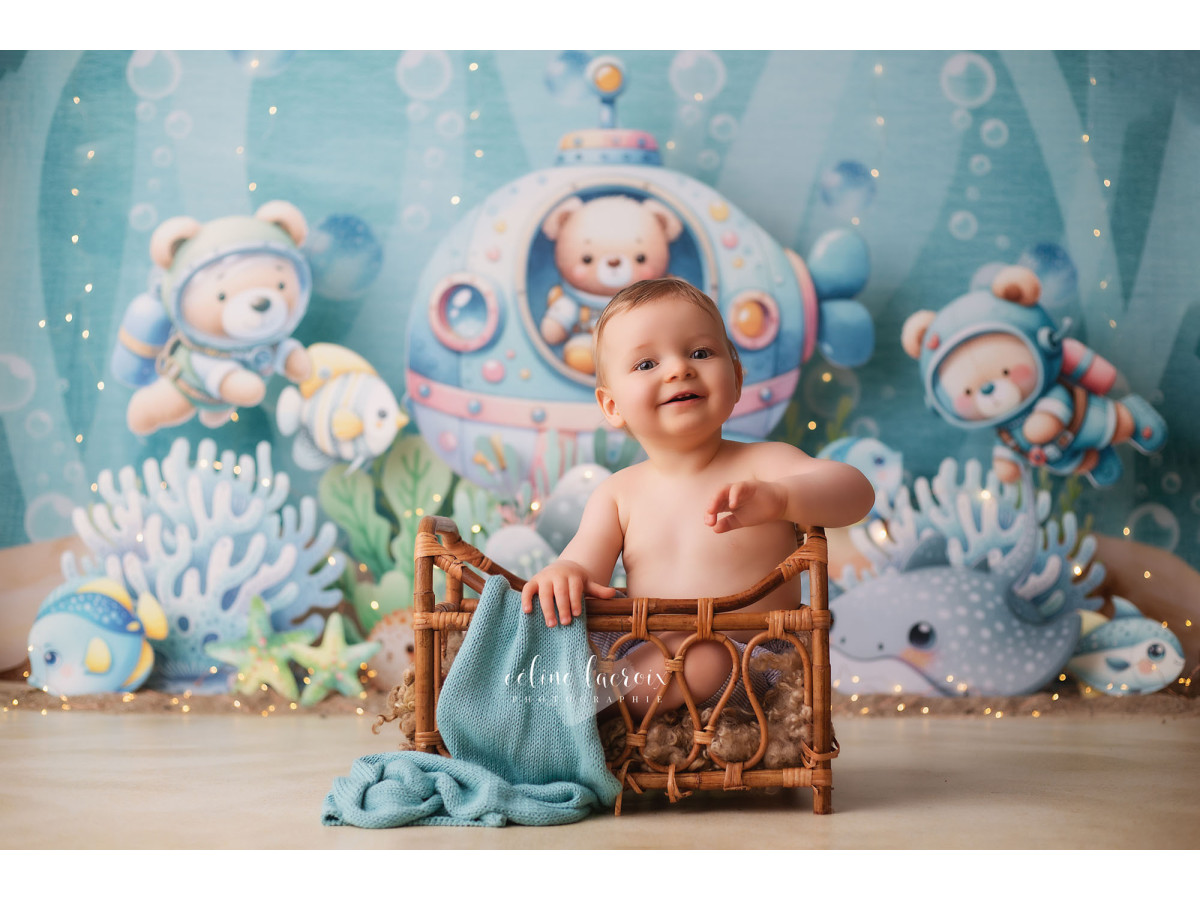 Fond photo bébé et smash cake Explora Sea – sous-marin avec oursons et fonds marins | Colors&Drops