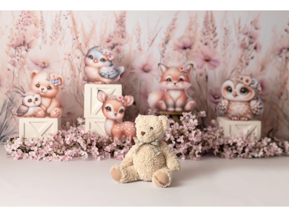 Baby & cake smash photo backdrop Cherry Springy – forest animals with pink cherry blossoms | Colors&Drops
