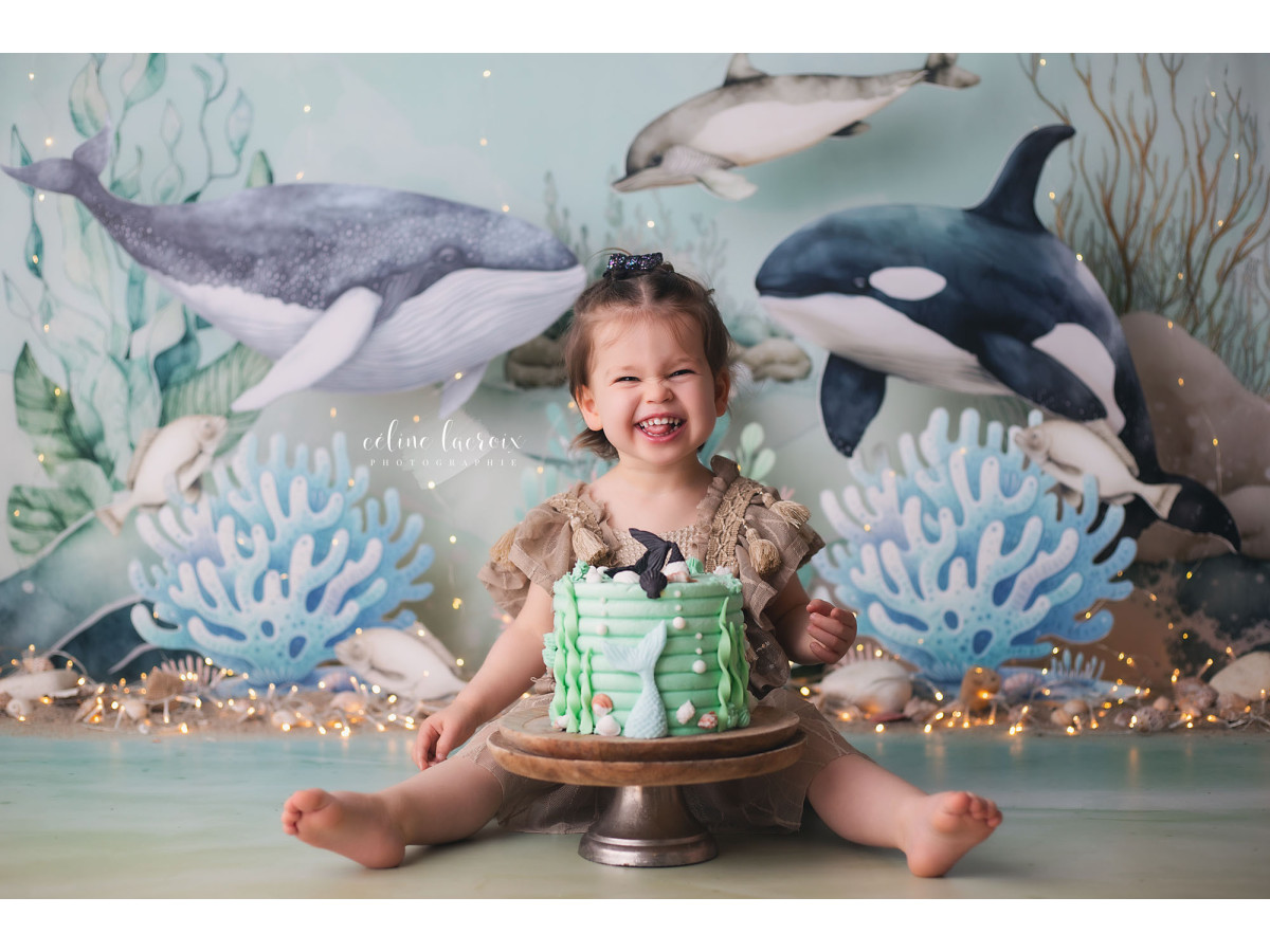Baby & cake smash photo backdrop Les Baleines – whales and orca with blue coral | Colors&Drops