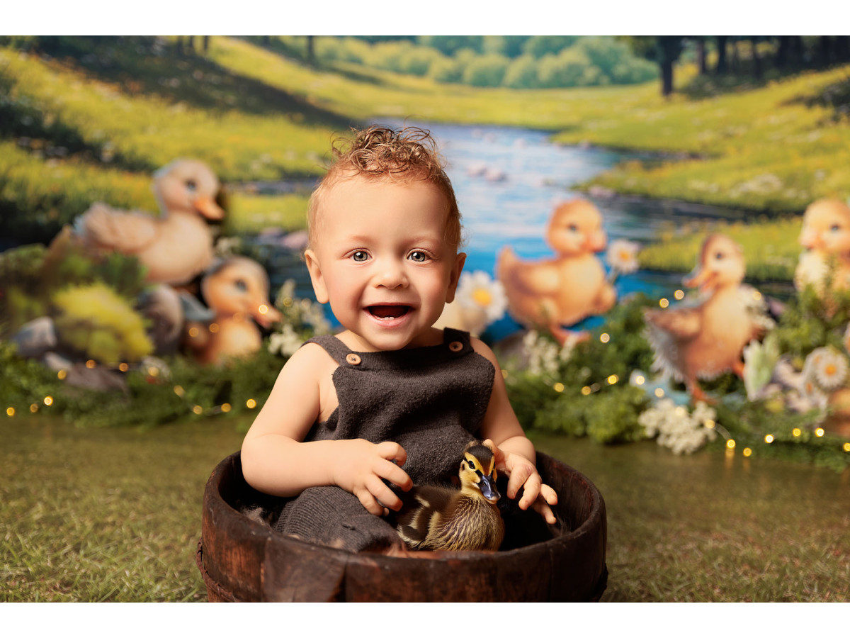 Fondo fotográfico de bebé y smash cake Ducks – patitos junto a un río en el bosque | Colors&Drops