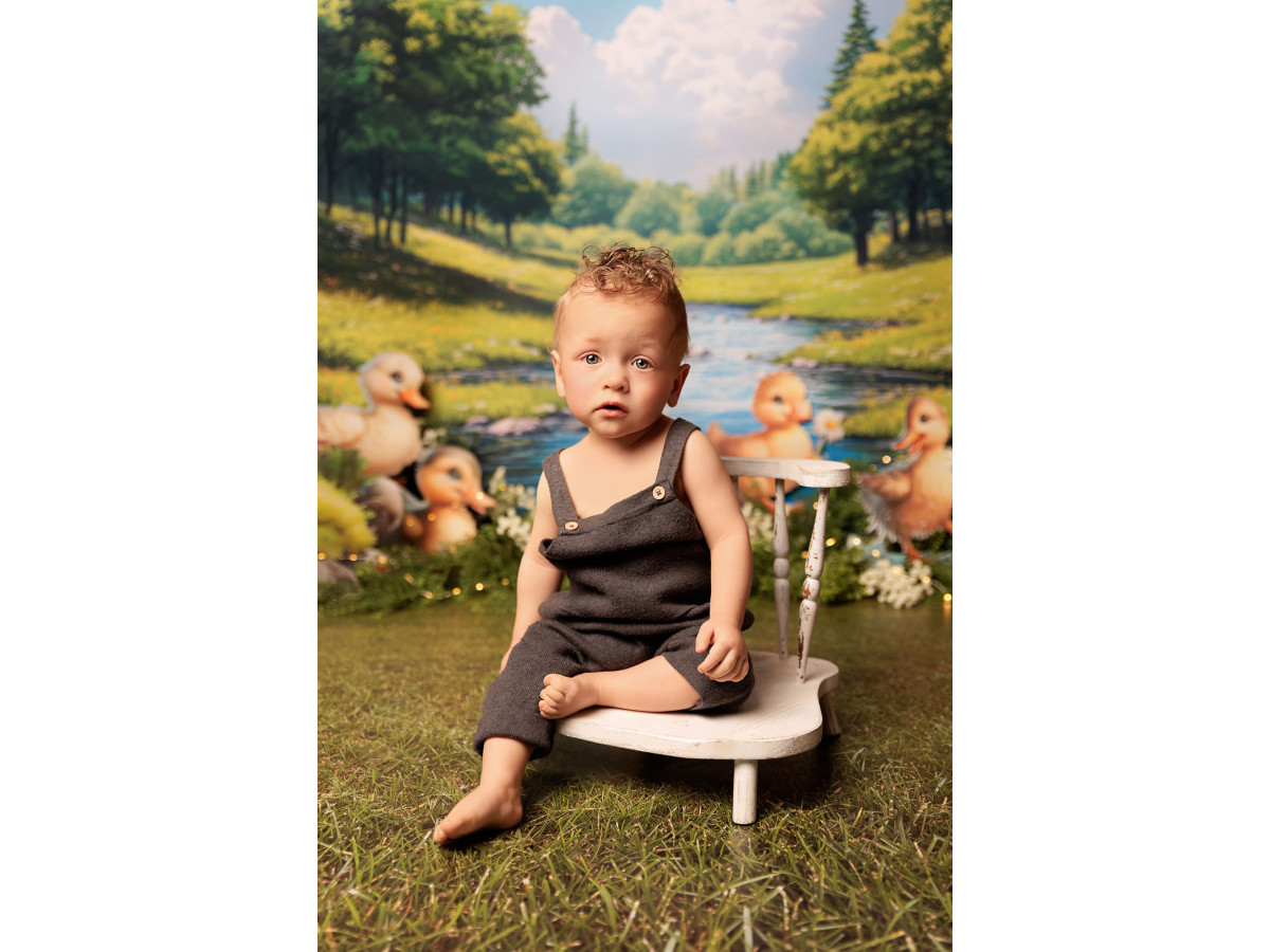 Fondo fotográfico de bebé y smash cake Ducks – patitos junto a un río en el bosque | Colors&Drops