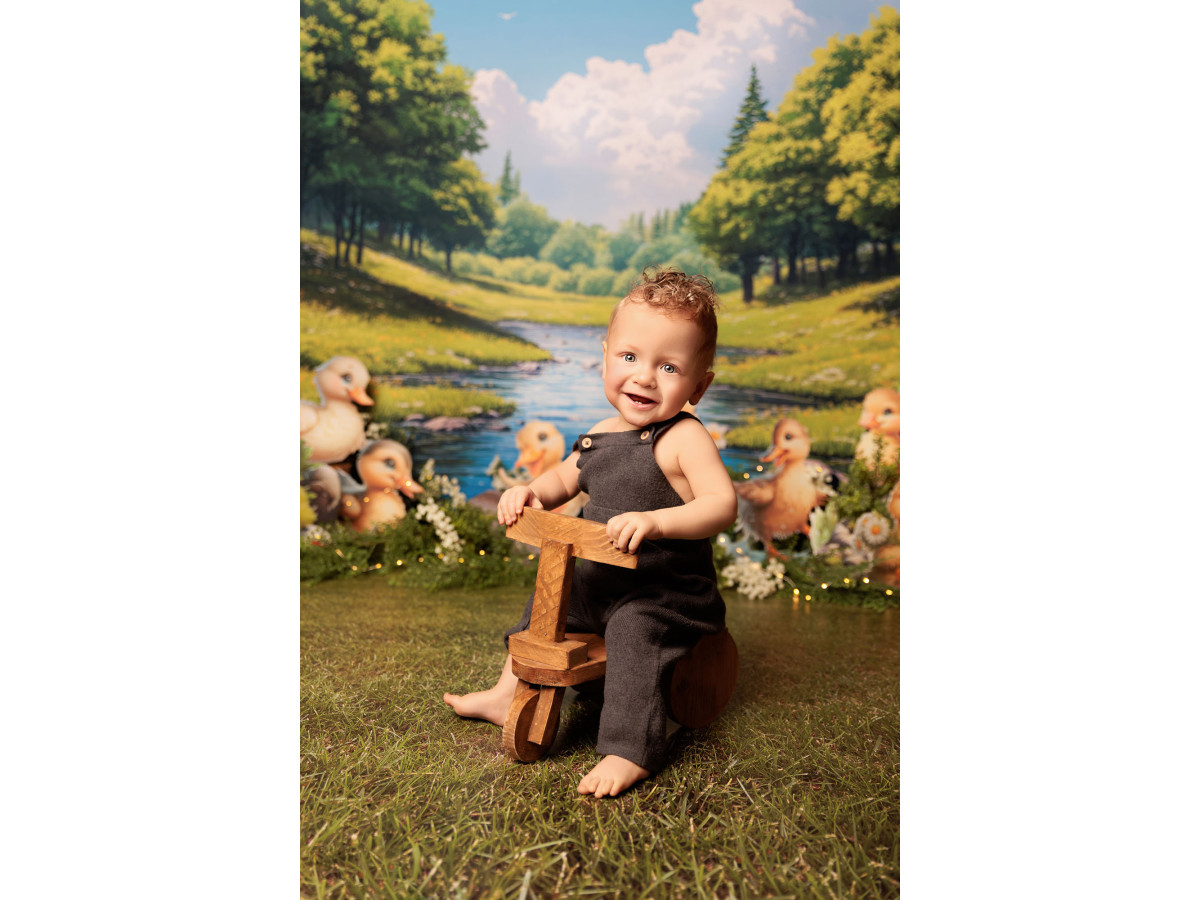 Fondo fotográfico de bebé y smash cake Ducks – patitos junto a un río en el bosque | Colors&Drops