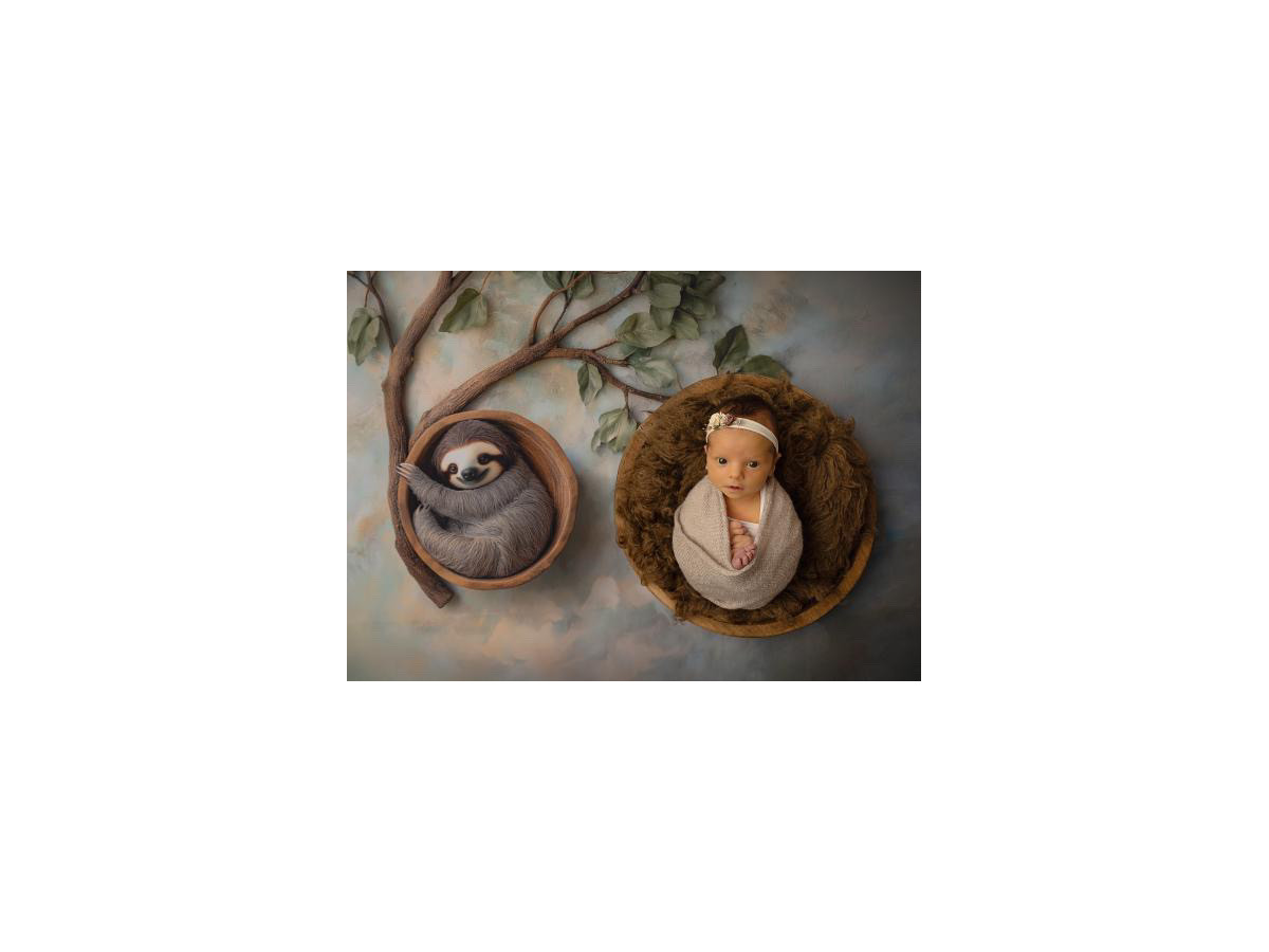 Newborn photo backdrop Dodo – sloth in a hammock hanging from a branch | Colors&Drops