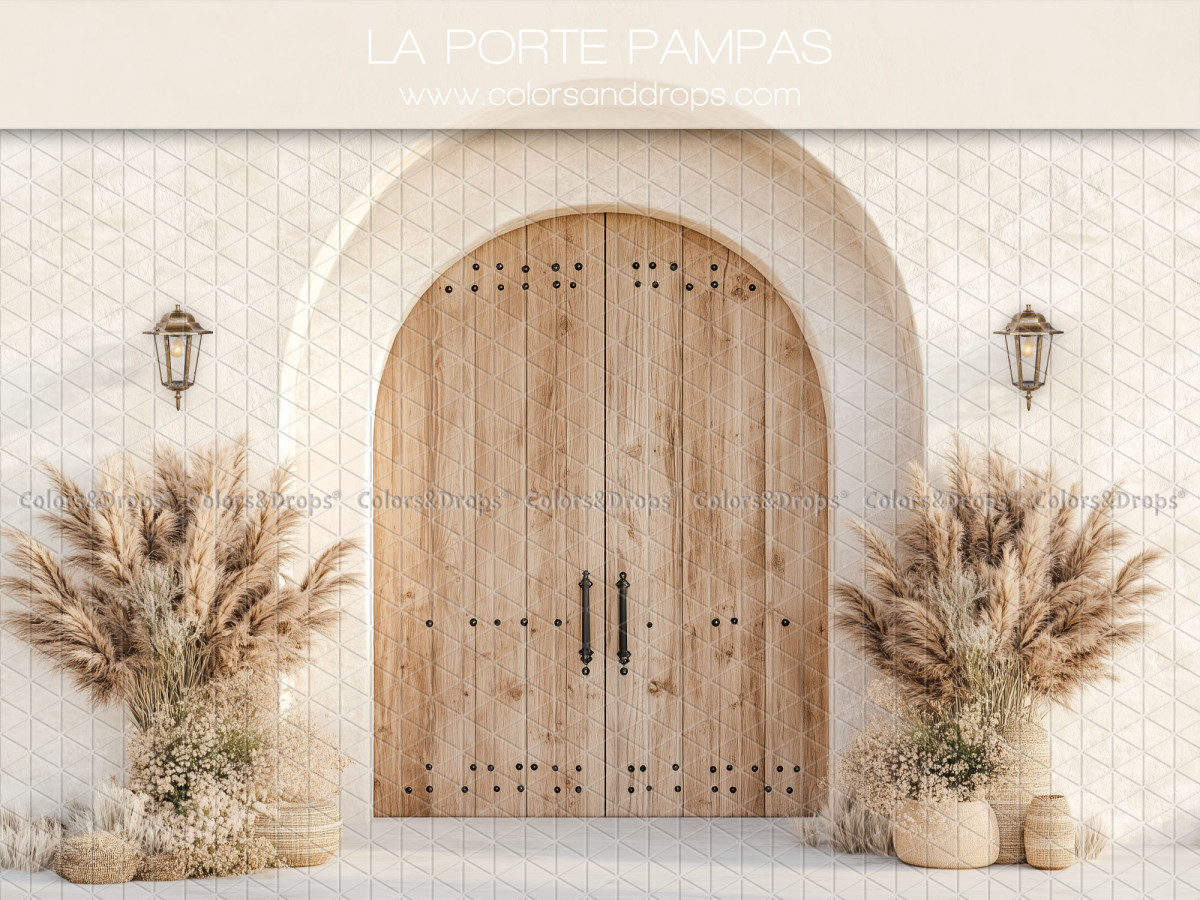 Fond photo bohème La Porte Pampas – porte en bois cintrée avec appliques et pampa | Colors&Drops