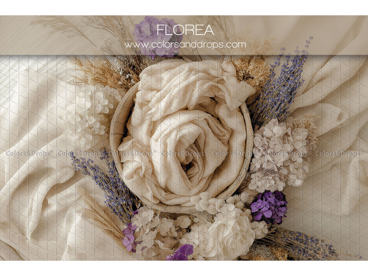 Newborn photo backdrop Florea – cream fabric nest with lavender and hydrangeas | Colors&Drops