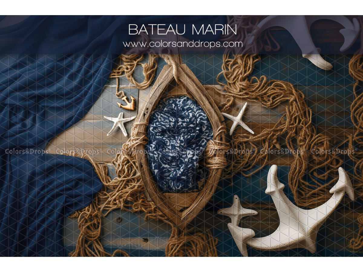 Newborn photo backdrop Bateau Marin – wooden boat with ropes, anchor and starfish | Colors&Drops