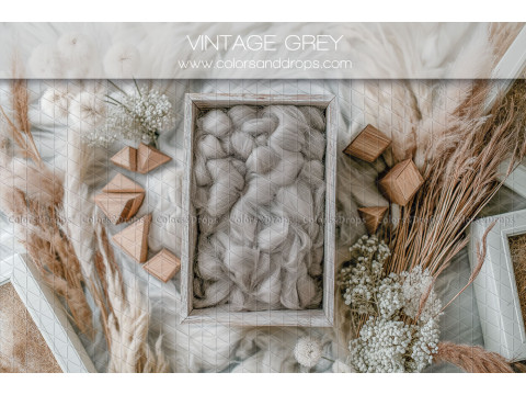 Fondo fotográfico de recién nacido Vintage Grey – caja blanca con lana gris y cubos de madera | Colors&Drops