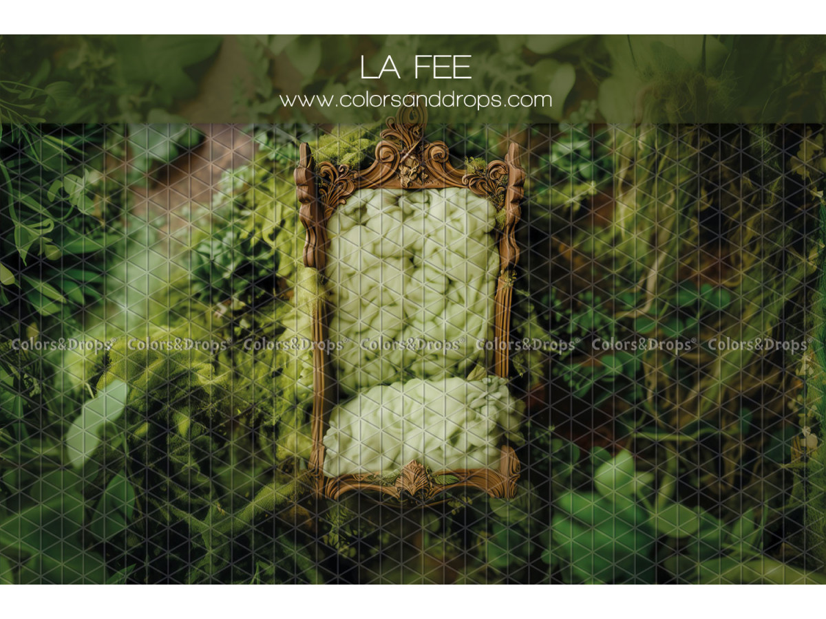 Fond photo nouveau-né La Fee – cadre doré avec laine verte dans la mousse | Colors&Drops