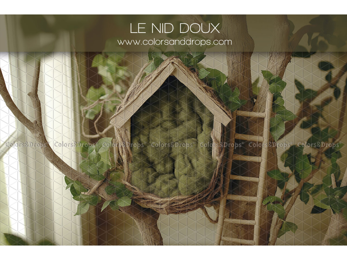 Fond photo nouveau-né Le Nid Doux – nid cabane dans un arbre avec échelle | Colors&Drops
