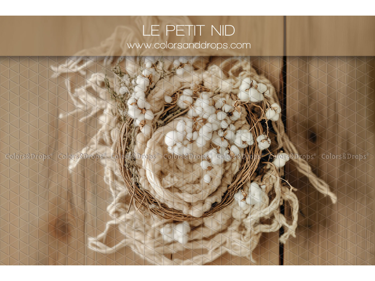 Newborn photo backdrop Le Petit Nid – twig nest with white flowers on wood | Colors&Drops