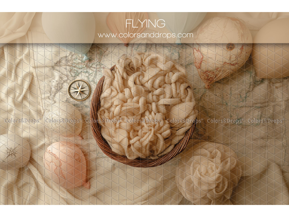 Newborn photo backdrop Flying – wicker nest with wool, compass and yarn balls | Colors&Drops