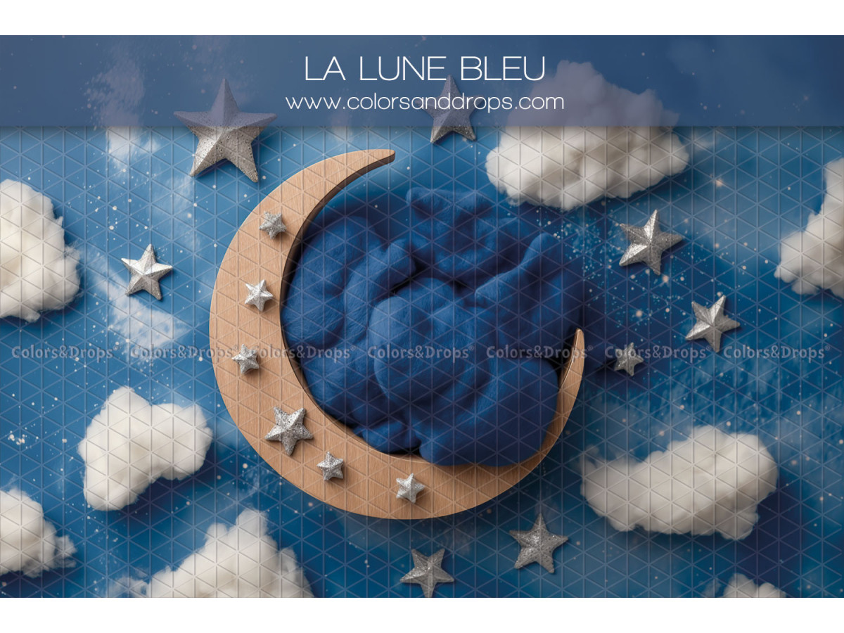 Newborn photo backdrop La Lune Bleu – wooden moon with blue wool in a starry sky | Colors&Drops