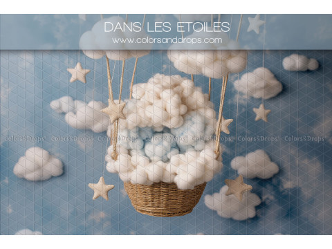Fondo fotográfico de recién nacido Dans les Etoile – cesta de globo aerostático en nubes estrelladas | Colors&Drops