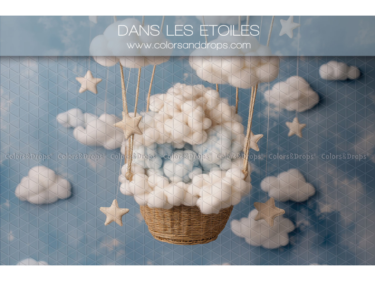 Fondo fotográfico de recién nacido Dans les Etoile – cesta de globo aerostático en nubes estrelladas | Colors&Drops