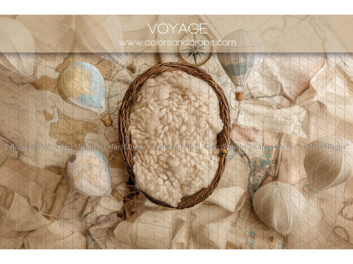 Newborn photo backdrop Voyage – wicker nest with hot air balloon and map | Colors&Drops