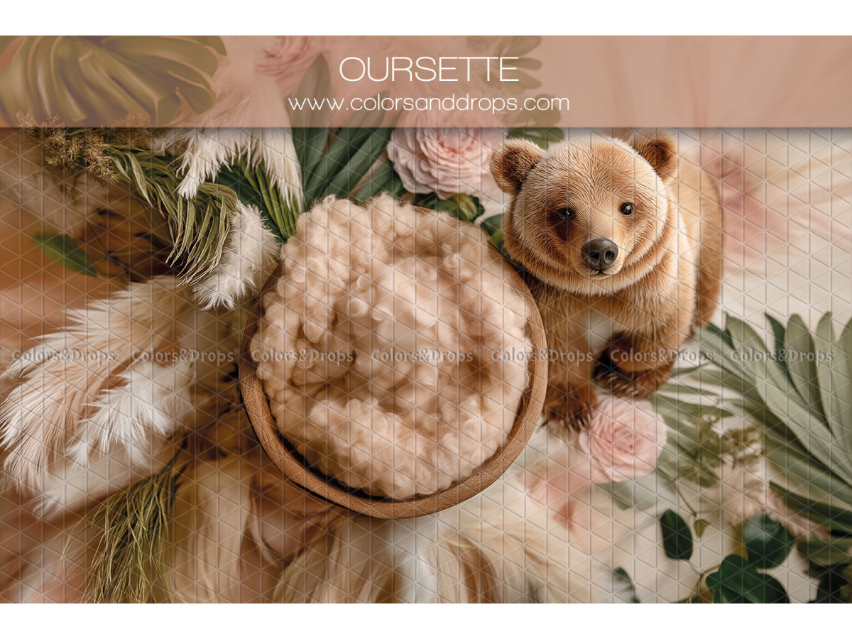 Fondo fotográfico de recién nacido Oursette – nido de lana con osezno y pampas | Colors&Drops