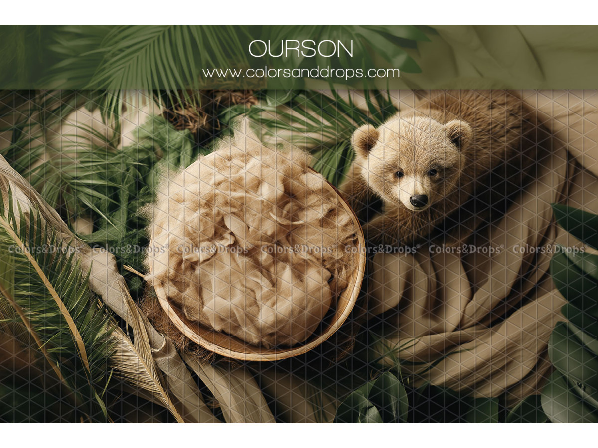 Newborn photo backdrop Ourson – wool nest with bear cub and tropical foliage | Colors&Drops